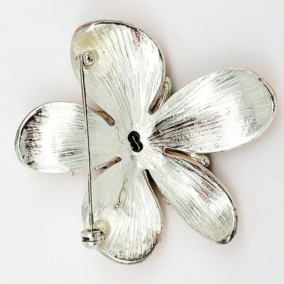 Enameled Flower Brooch With Center Rhinestone Pearls Peach Orange Color Green - Picture 4 of 5